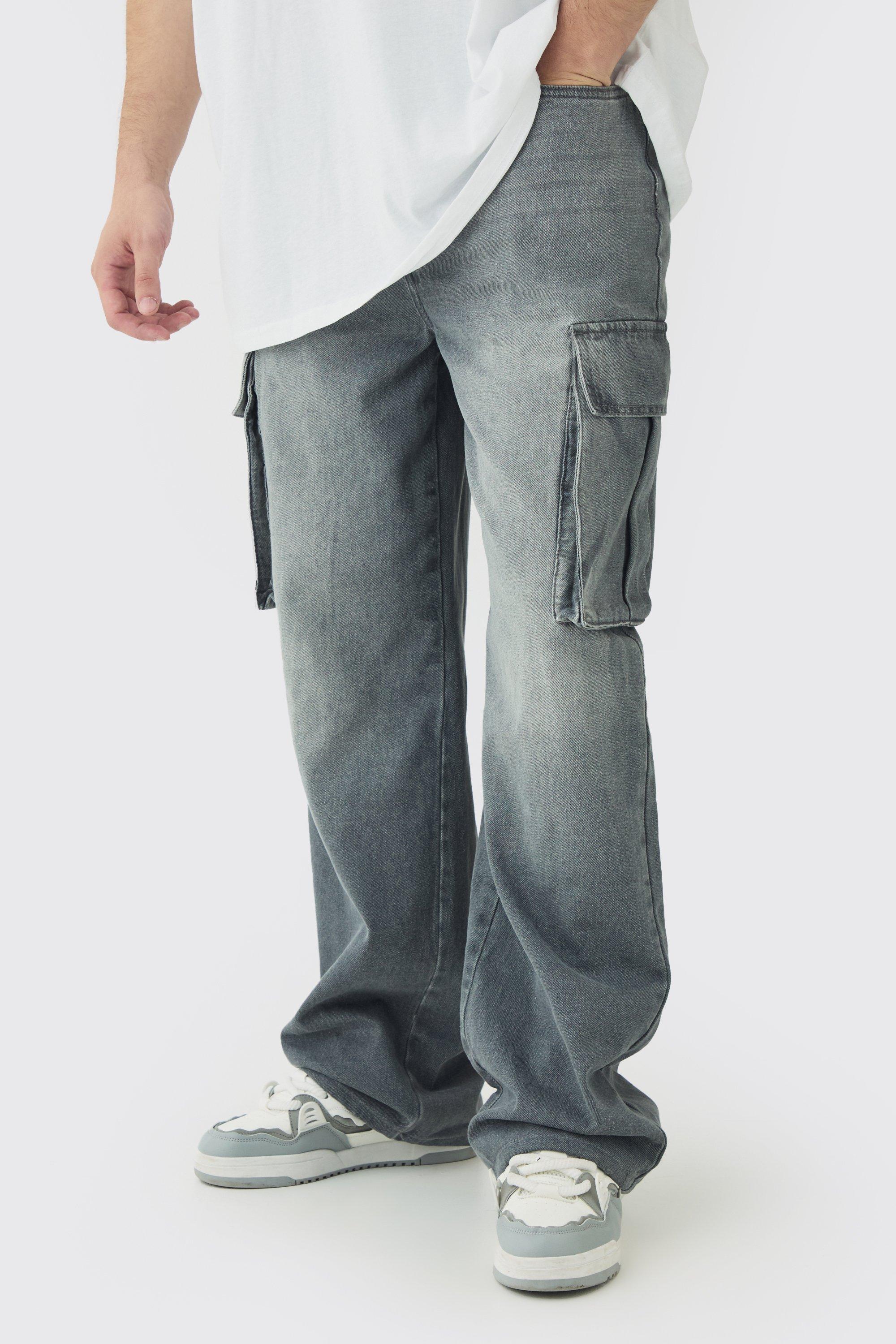 Mens Grey Tall Skinny Stretch Cargo Jeans, Grey
